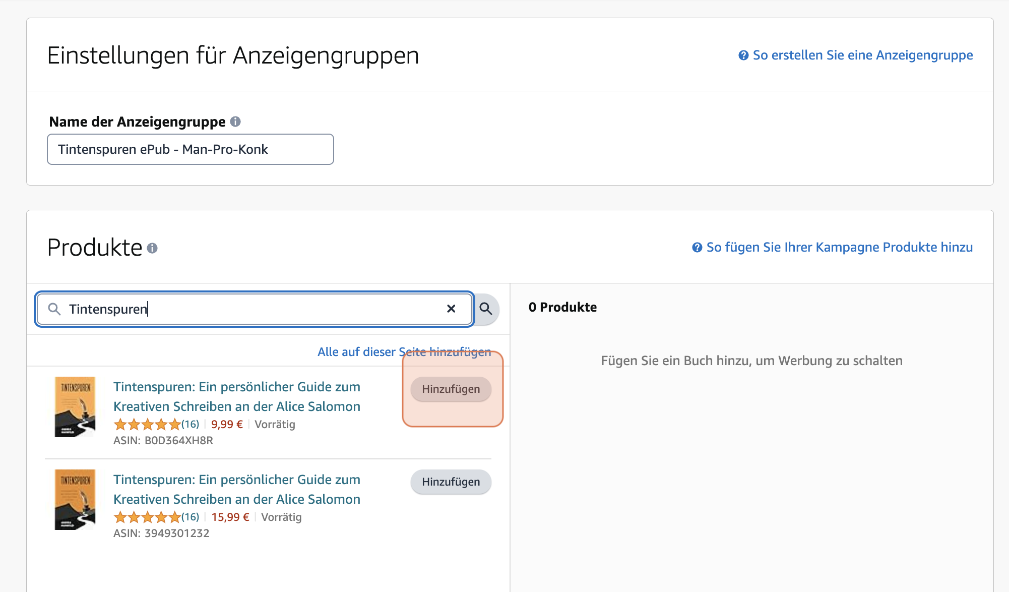 Screenshot: Erstellen einer neuen Amazon Produktanzeige