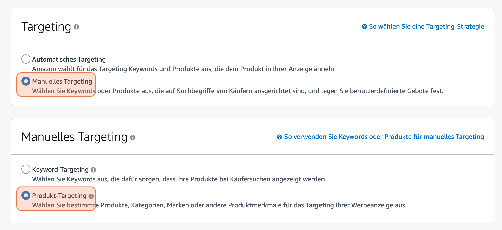 Screenshot zeigt, wo sich die Buttons Manuelles Targeting und Produkt-Targeting befinden