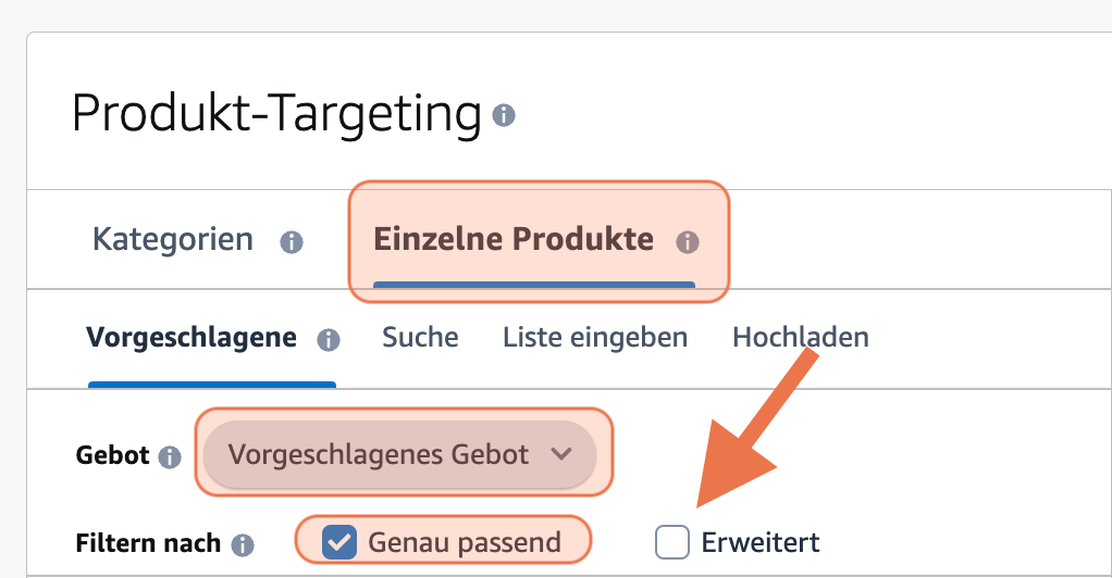 Bild zeigt, wie der Abschnitt Produkt-Targeting bei Amazon Ads genau einzustellen ist