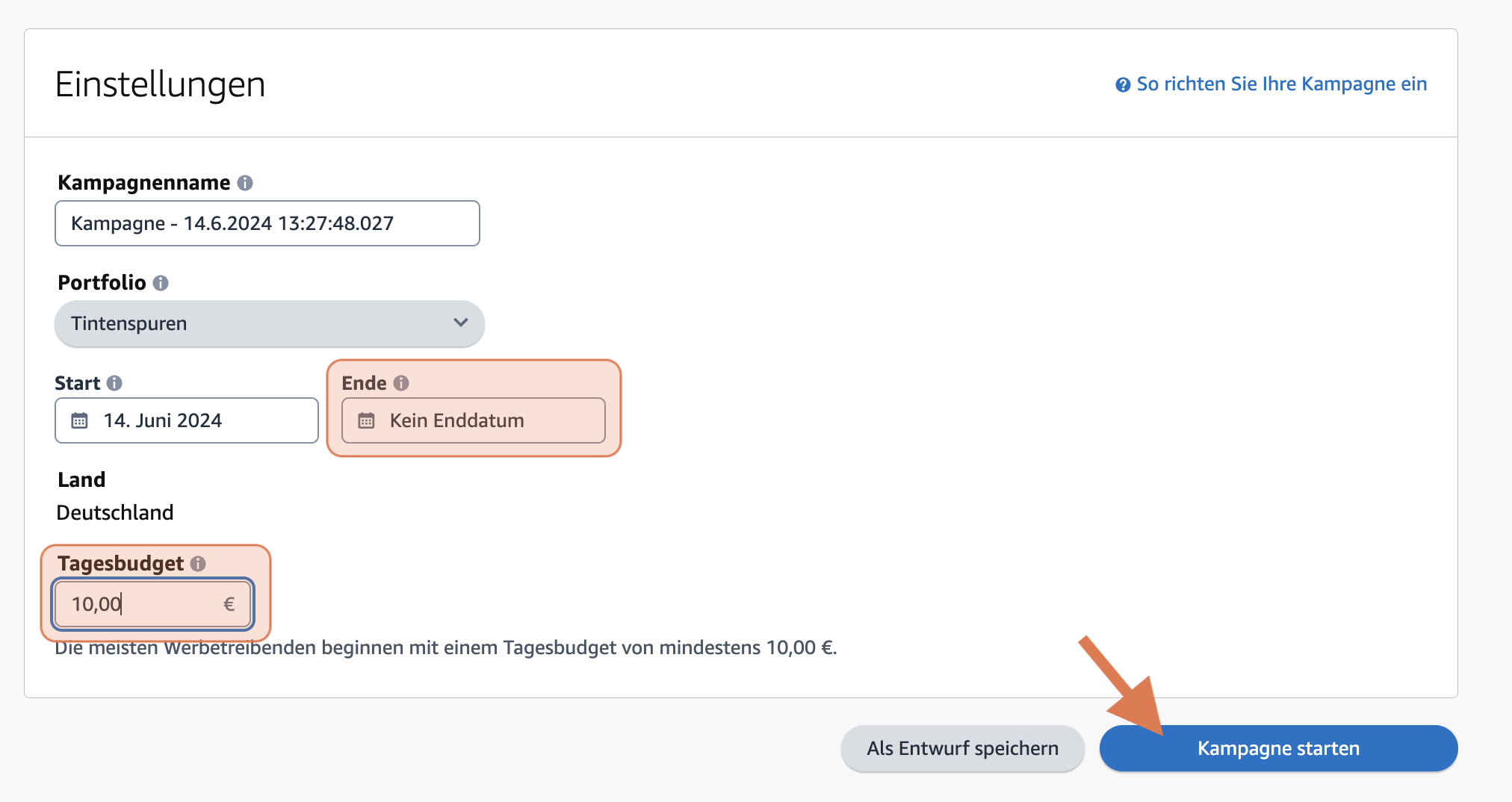 Screenshot der Einstellungen, um Tagesbudget und Laufzeit festzulegen sowie Amazon Ads Kampagne zu starten