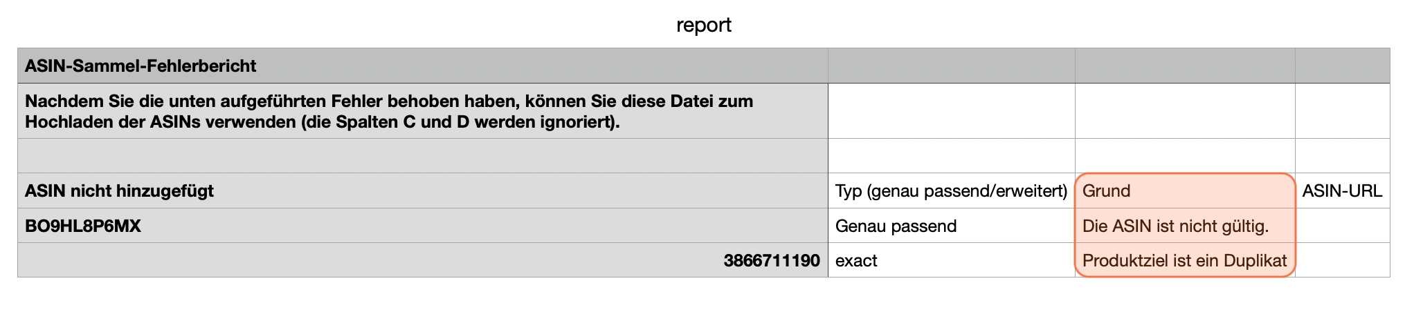 Screenshot zeigt den Fehlerbericht, den man erhält, falls ASINs nicht importiert werden können