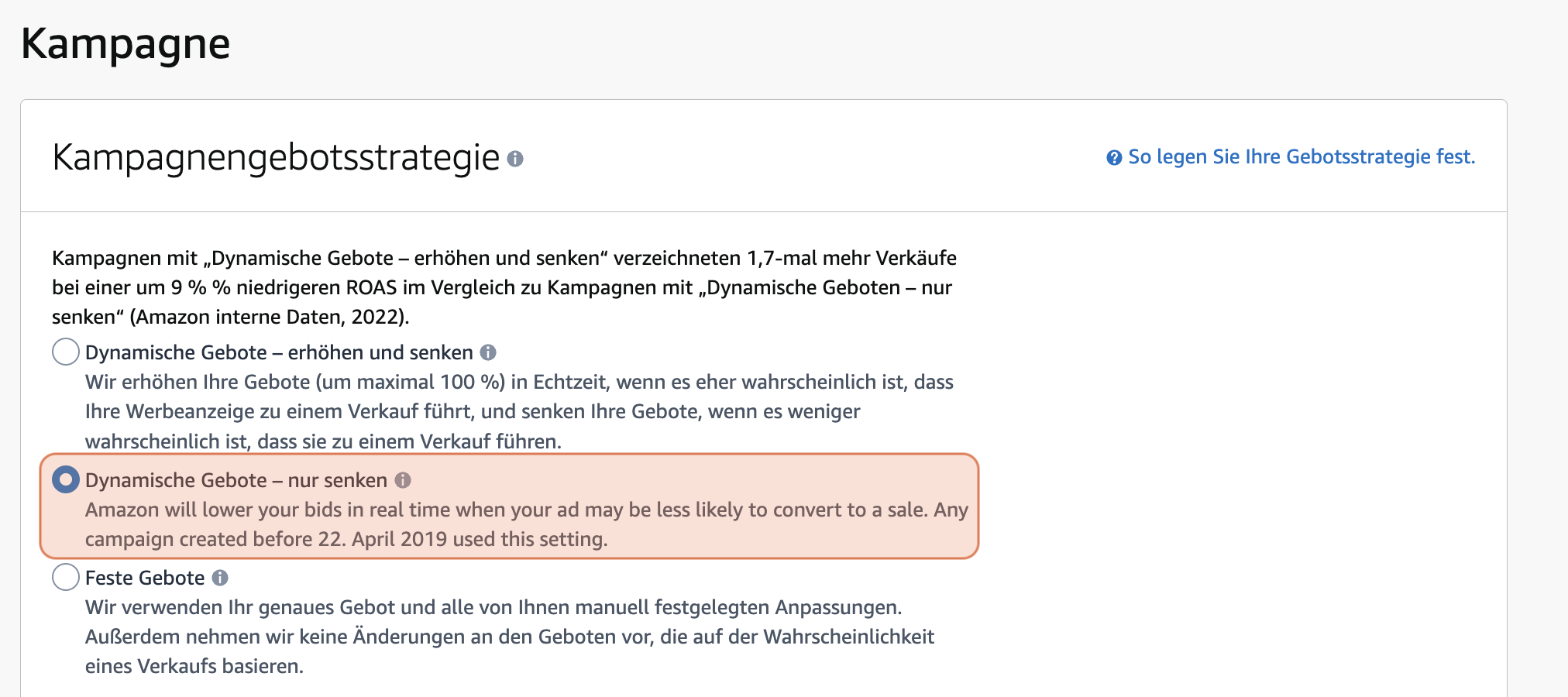 Bild zeigt, wie die Gebotsstrategie »Dynamische Gebote - nur senken« ausgewählt wird