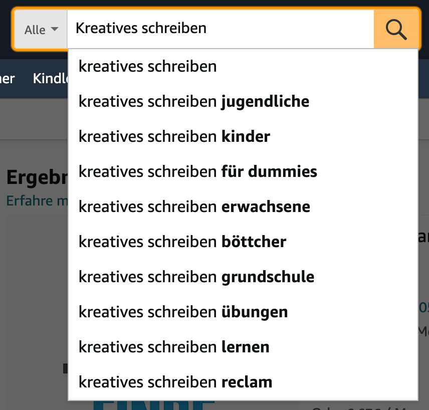 Screenshot: Zeit die smarten Ergänzungen im Amazon-Suchschlitz, wenn man kreatives Schreiben eingibt