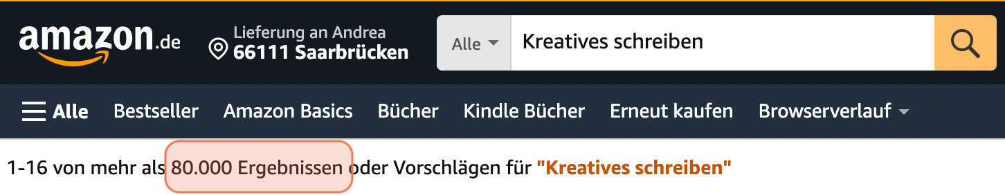 Screenshot: Zeigt, dass Amazon mehr als 80.000 Treffer listet für das Schlagwort »Kreatives Schreiben«