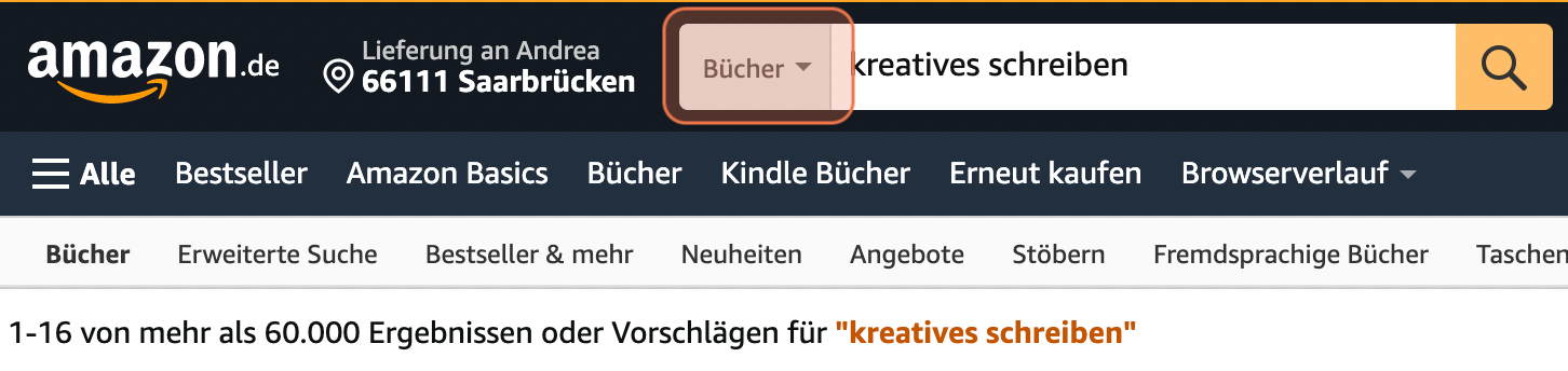 Screenshot: Zeigt, dass sich die Anzahl der Treffer reduziert, wenn Bücher als Kategorie ausgewählt wird