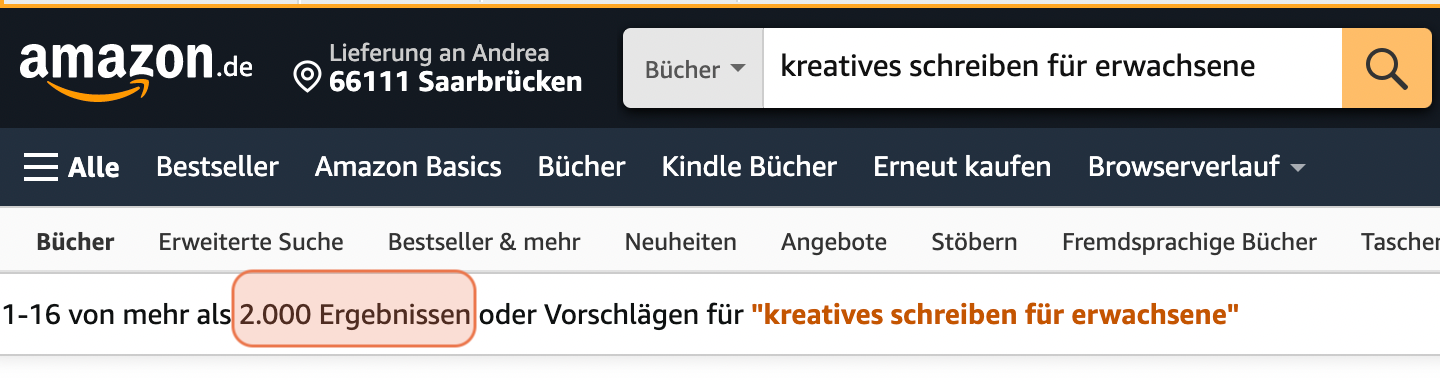 Screenshot der Trefferanzahl: 2.000 Treffer für »Kreatives Schreiben für Erwachsene«