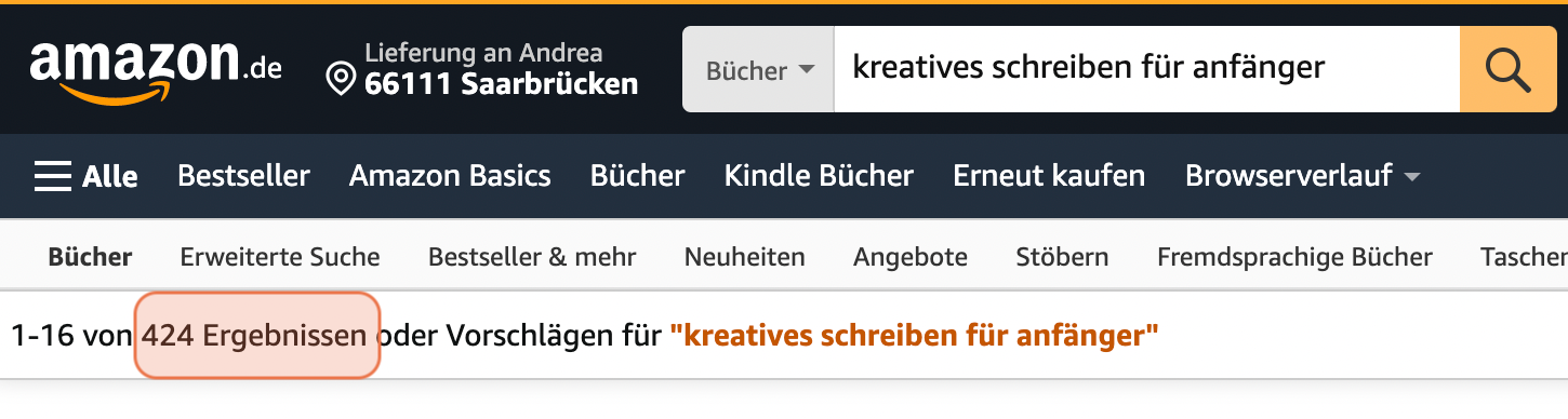 Screenshot: 424 Treffer zum Schlagwort »Kreatives Schreiben für Anfänger«