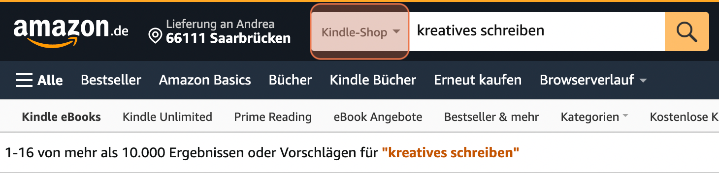 Screenshot: Zeigt, dass sich die Anzahl der Treffer reduziert, wenn Kindle-Shop als Kategorie ausgewählt wird