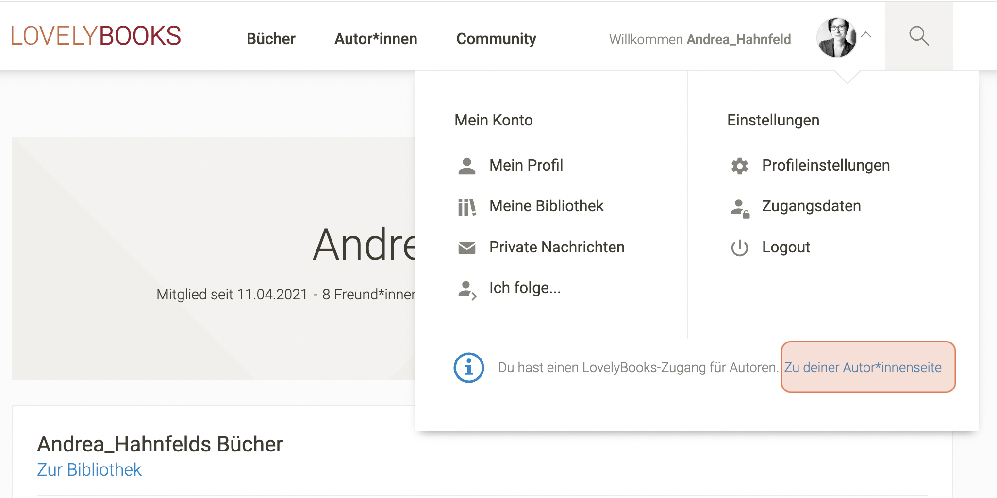 Screenshot: So kommst du zu deiner Autorinnenseite