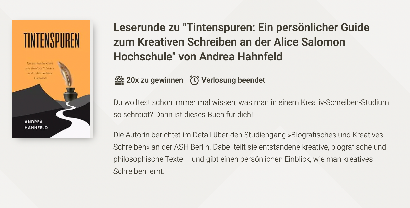 Screenshot: Beispiel für eine Buchbeschreibung in der LovelyBooks-Leserunde