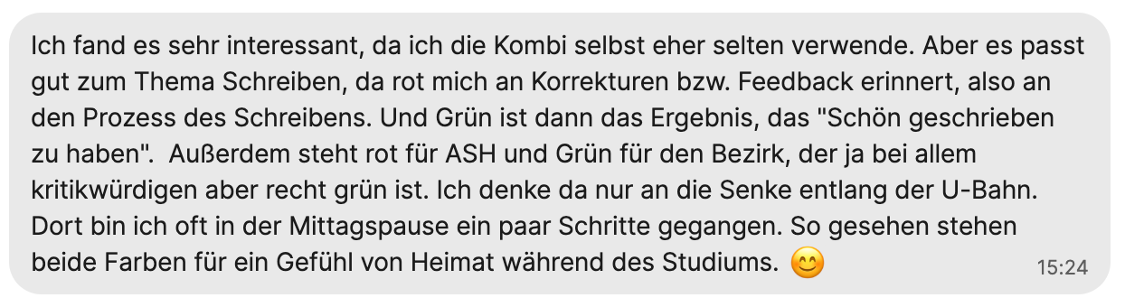 Screenshot Feedback: Passt gut zum Thema Schreiben, da rot mich an Korrekturen bzw. Feedback erinnert, also an den Prozess des Schreibens