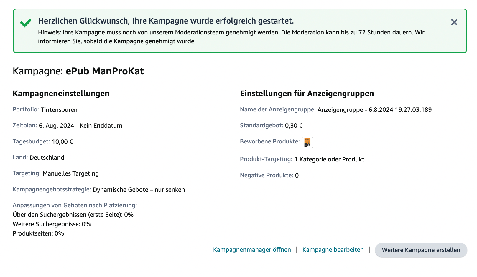 Screenshot zeigt die Benachrichtigung nach erfolgreichem Erstellen der Kategorie-Kampagne