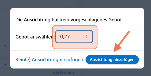 Screenshot zeigt, wie du die Ausrichtung für ein Kategorie-Gebot hinzufügst