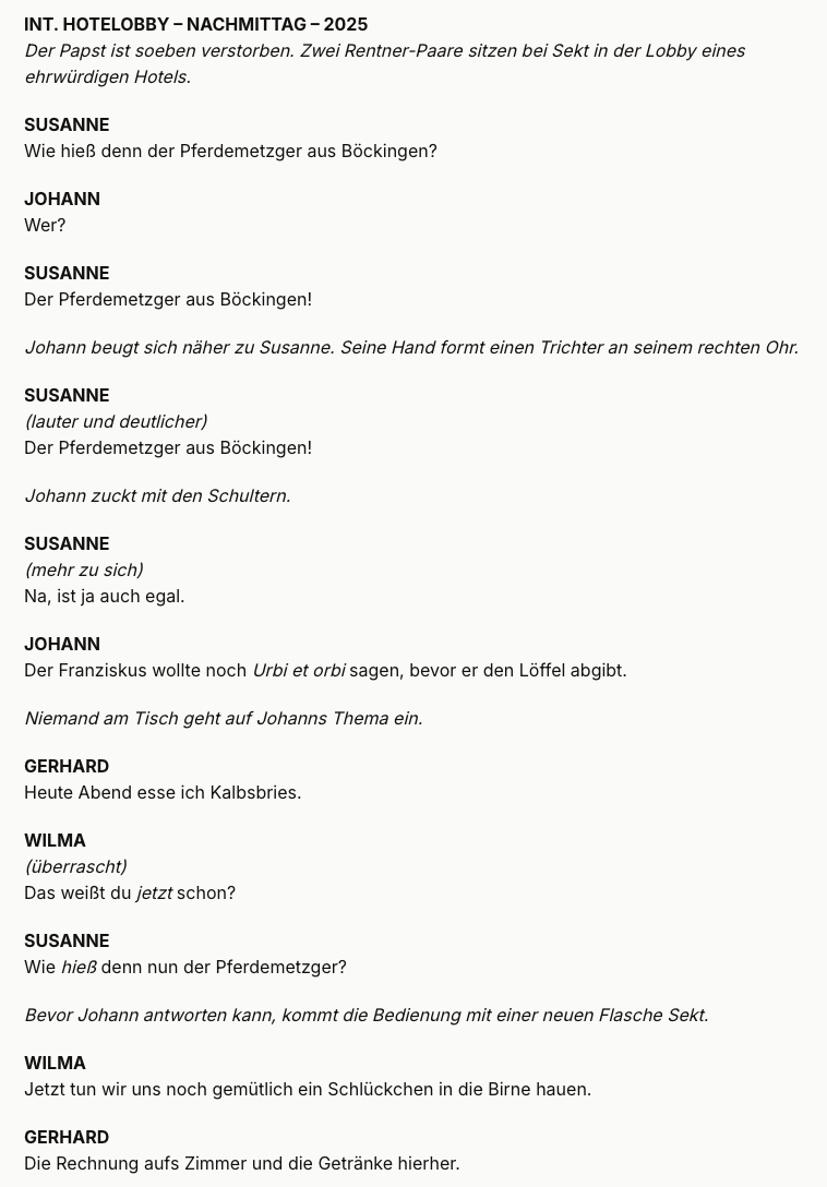 Screenshot mit einer lustigen Szene im Drehbuchformat, dargestellt als Dialog zwischen mehreren Figuren.