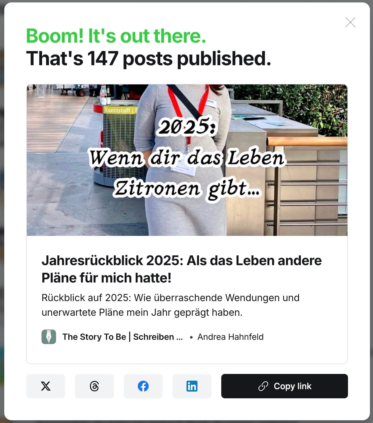 Screenshot zeigt, dass auf dem Blog „The Story To Be“ 147 Artikel veröffentlicht sind.