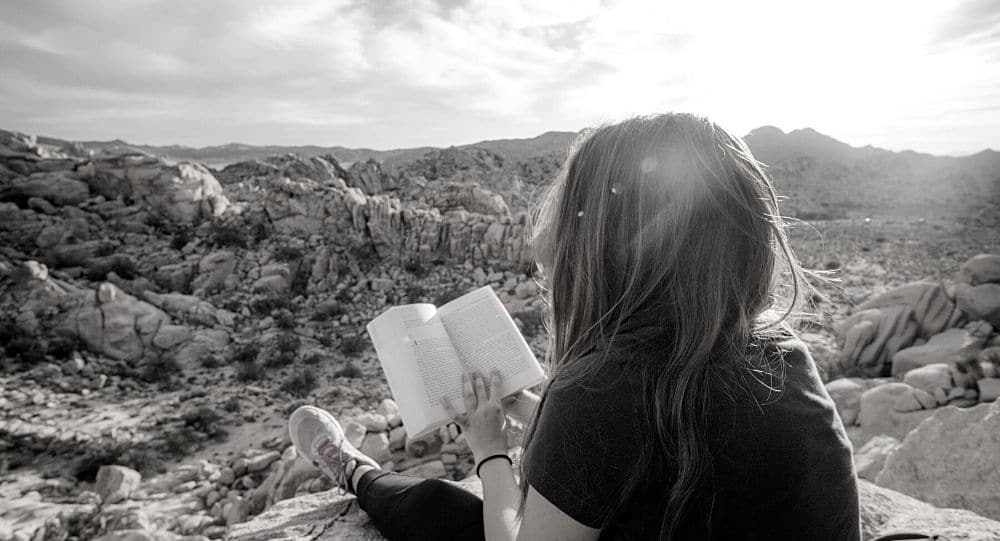 Girl reading on the mountain top