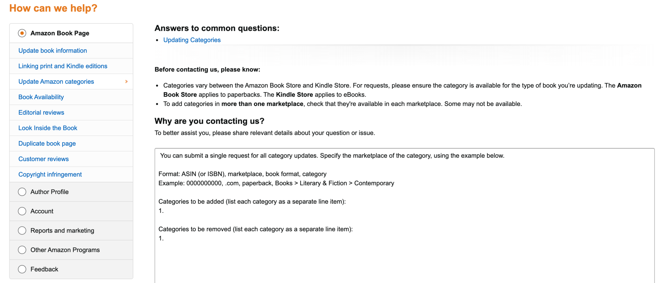 Screenshot: Mail an Amazon-Help, um weitere Kategorien für dein Buch freizuschalten