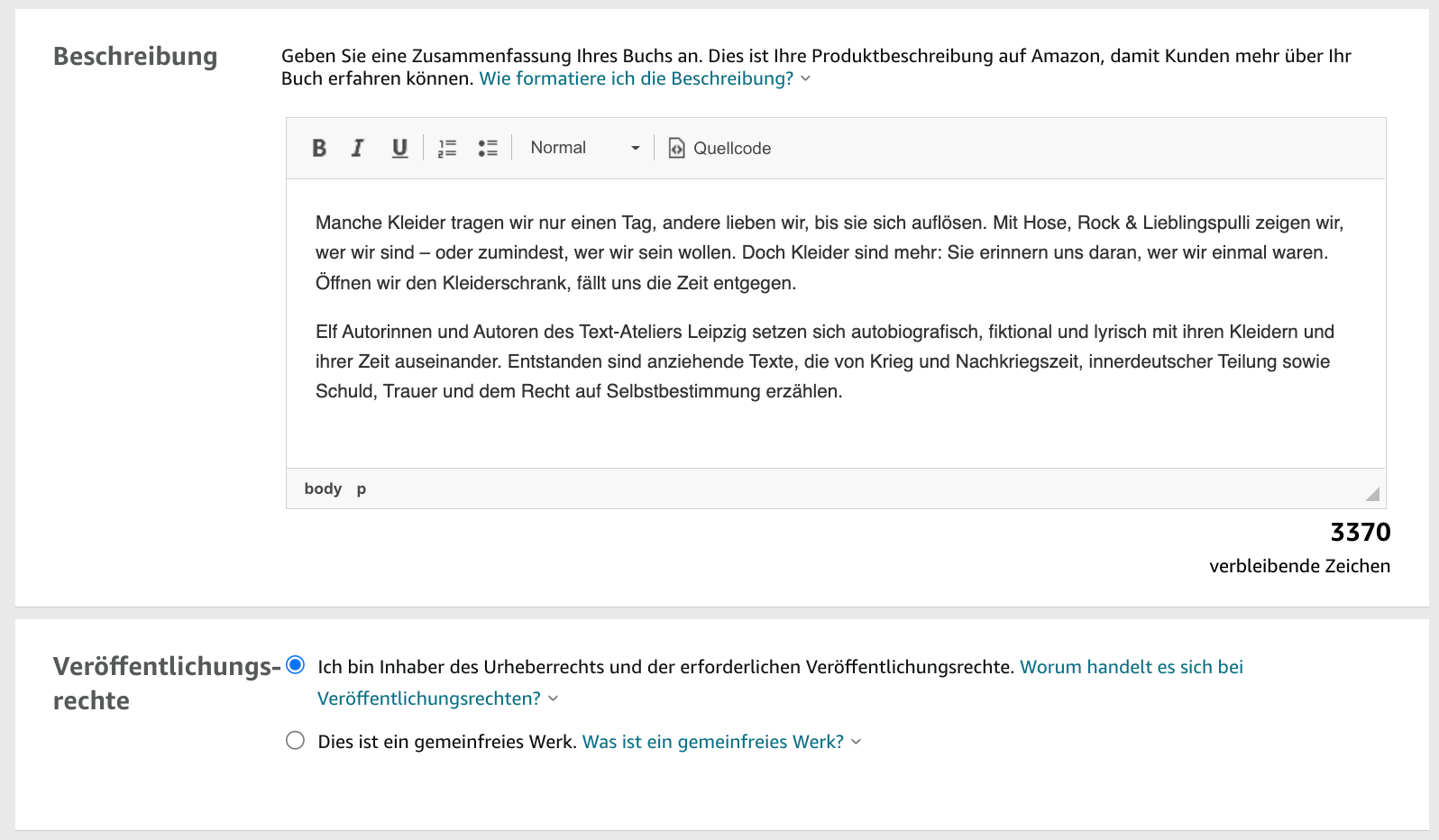 Screenshot: So stellst du deine Buchbeschreibung im KDP-Formular ein