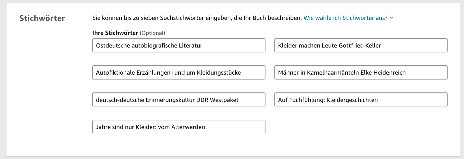 Screenshot: Hier gibst du die Stichwörter für dein Buch ein