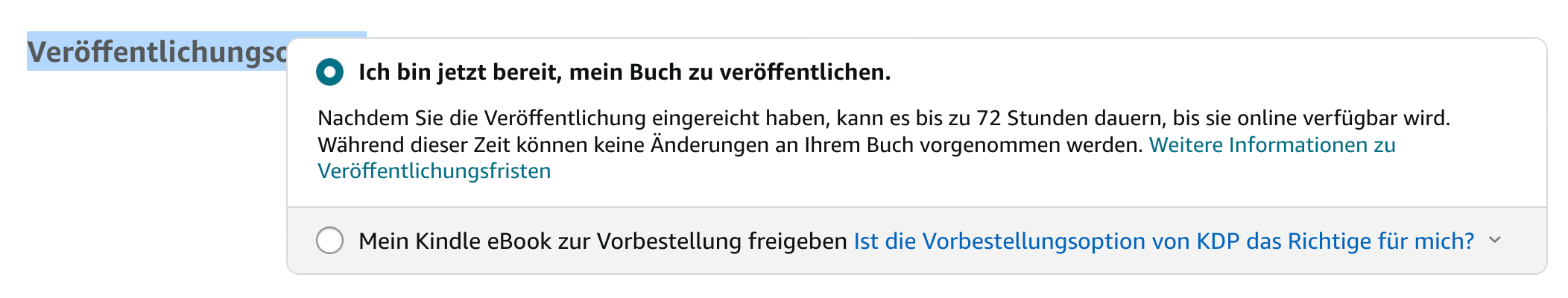 Screenshot: Hake an, dass du bereit bist, dein Buch zu veröffentlichen