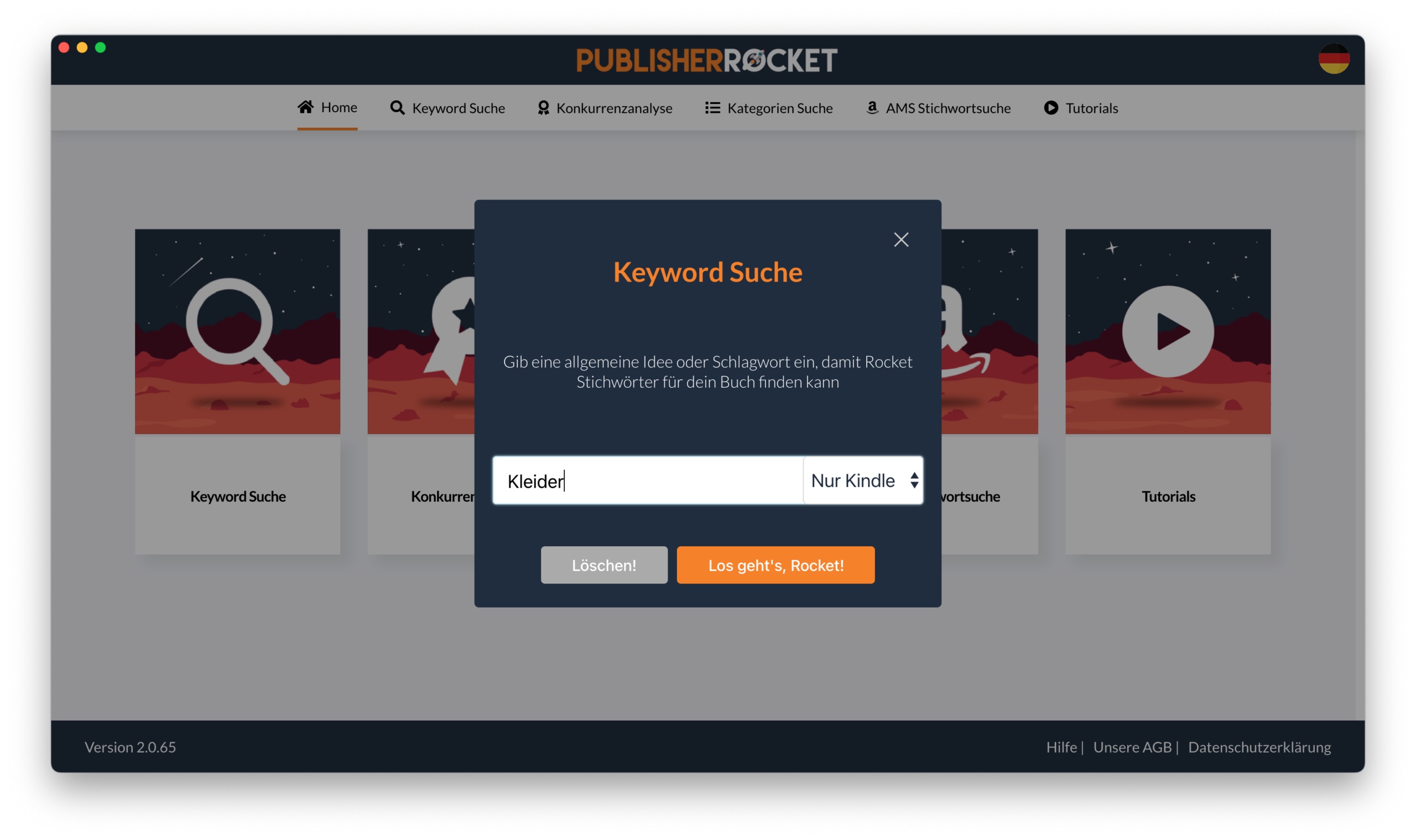 Screenshot: Stichwortsuche mit PublisherRocket