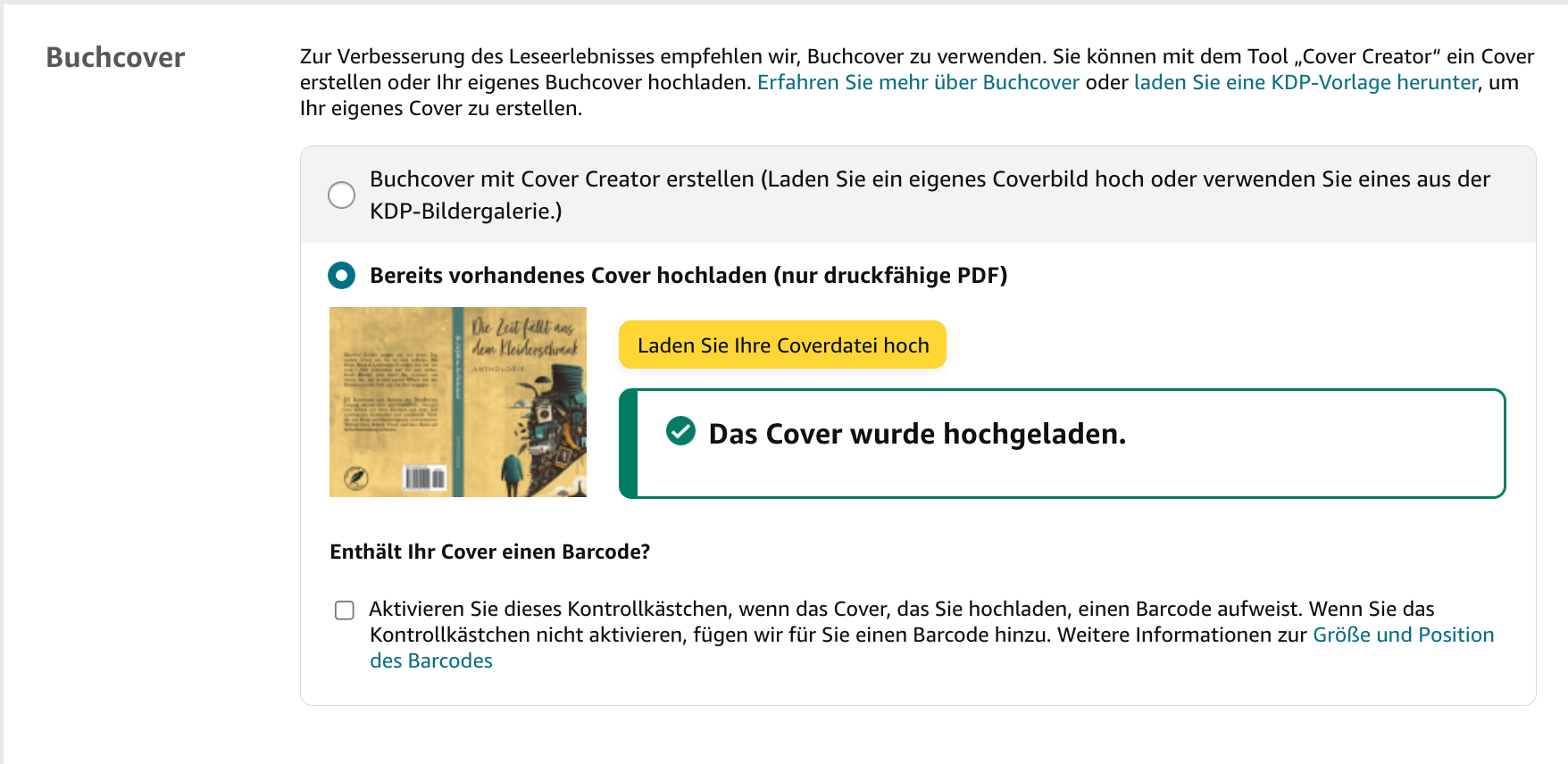 Screenshot: Wo du das Buchcover hochlädtst