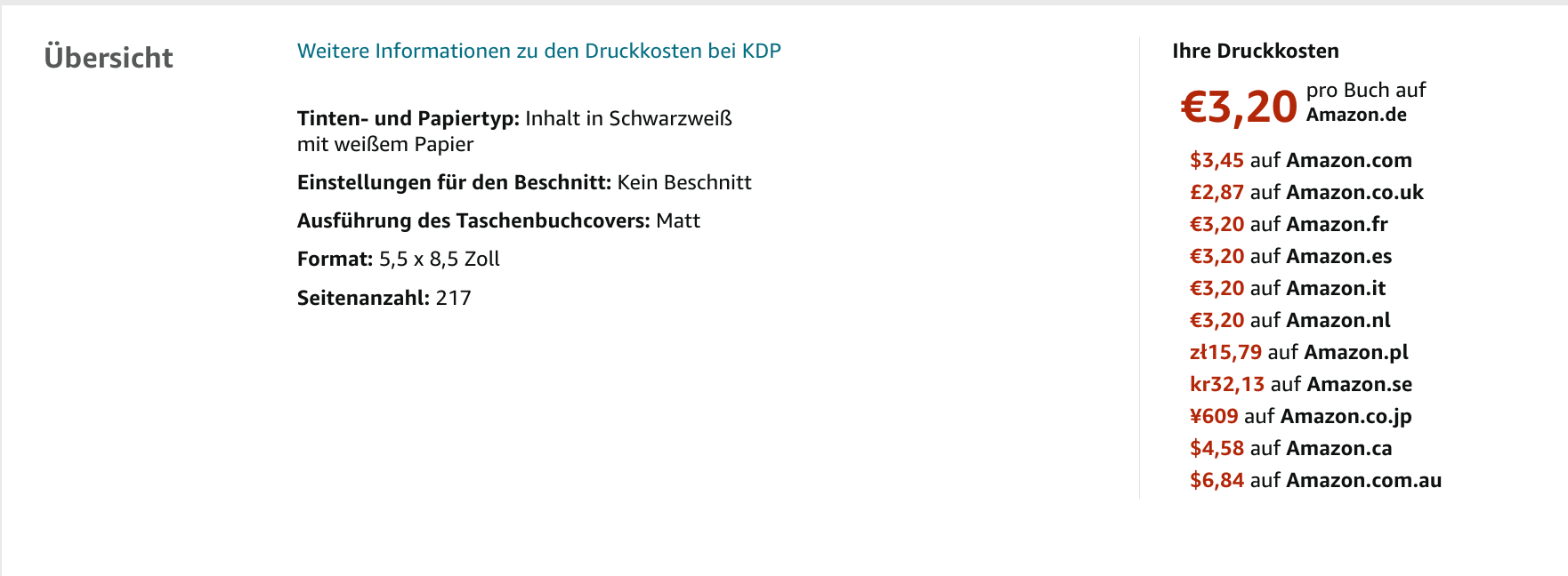 Screenshot: Übersicht über die Druckkosten