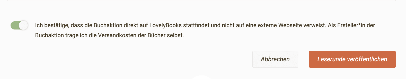 Bildschirmfoto: Bestätige, dass die LovelyBooks Leserunde auf keiner anderen Plattform stattfindet